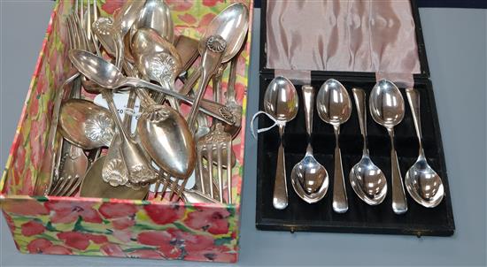 A set of three Victorian silver fiddle and thread pattern tablespoons, a part service of fiddle, shell and thread pattern flatware